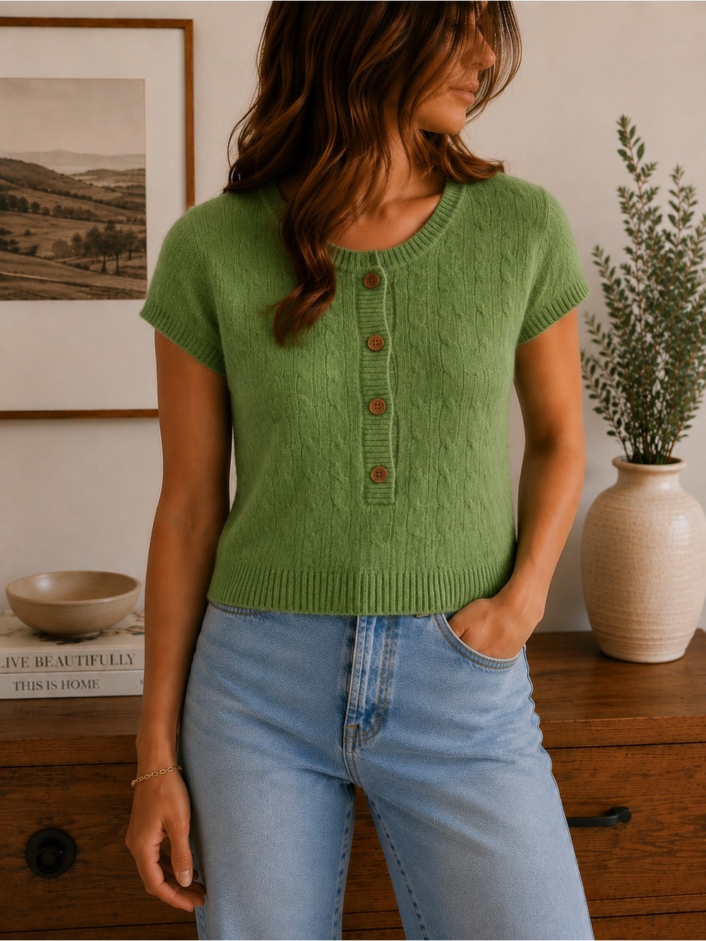 J.Crew 100% Cashmere Cable Knit Short Sleeve Sweater Green XXS